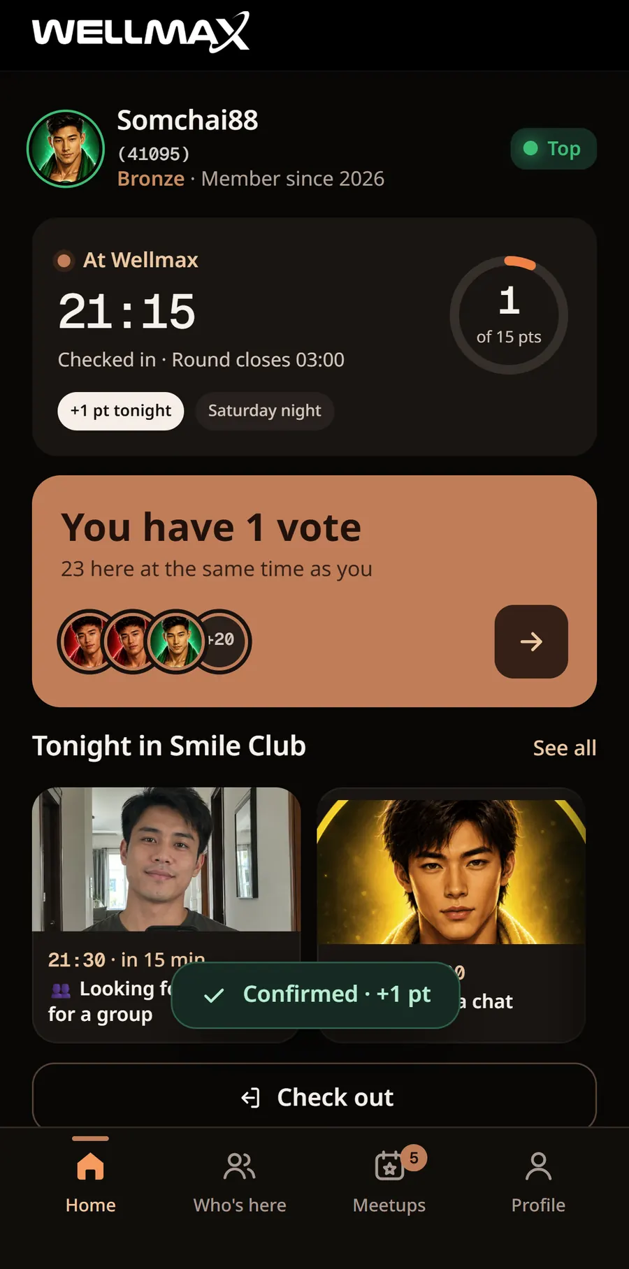 The Wellmax game app home screen: checked in at Wellmax at 21:15, one point of fifteen, and one vote available tonight