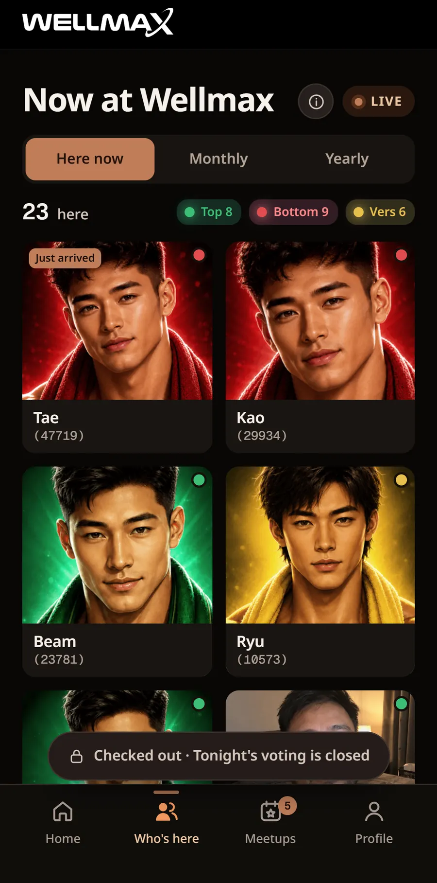 The Wellmax game app showing 23 members currently at the venue, counted by position — 8 Top, 9 Bottom, 6 Vers — with Here now, Monthly and Yearly tabs