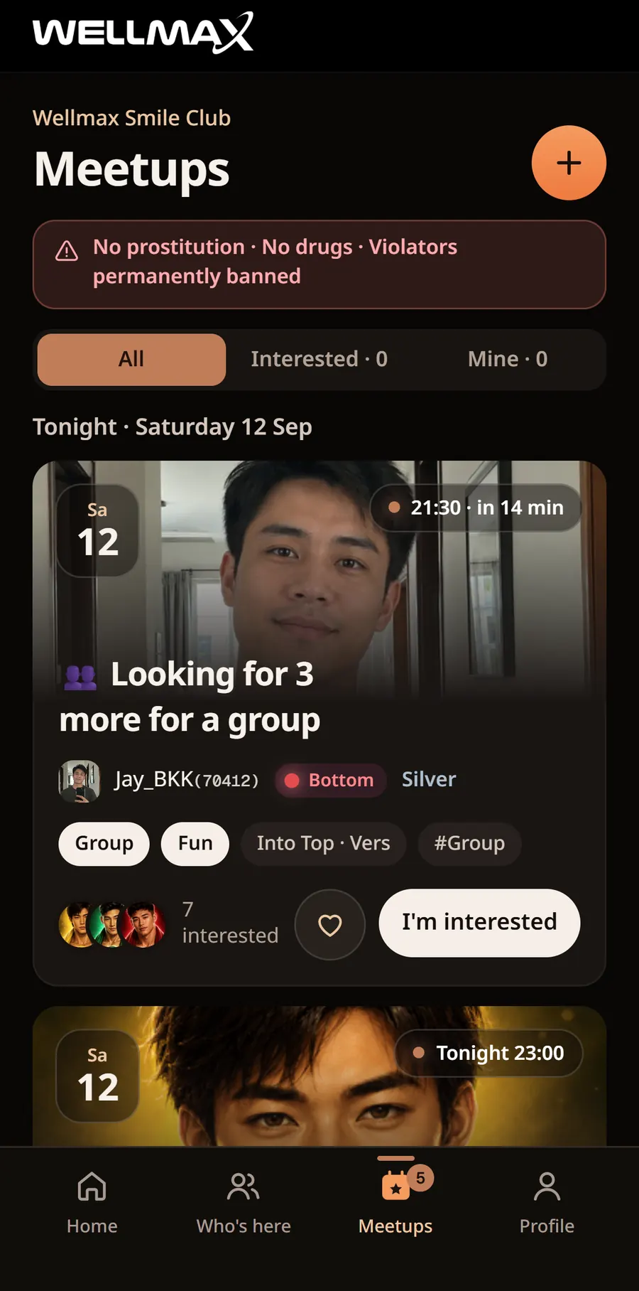 The Wellmax game app Meetups board, showing a member's post looking for others to join a group tonight, with an I'm interested button