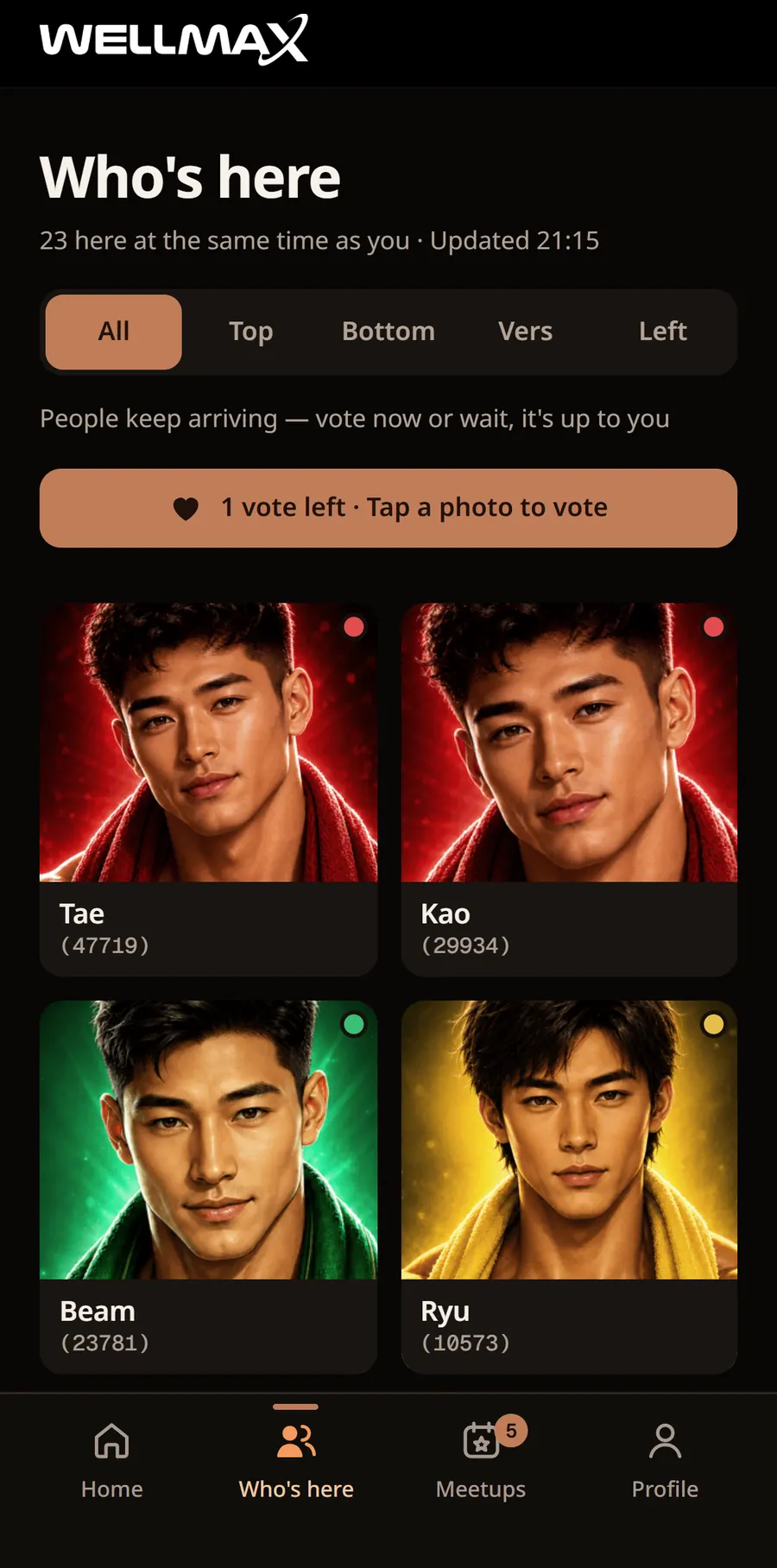 The Wellmax game app Who's Here screen, showing members currently in the venue with Top, Bottom and Vers colour rings, ready to vote